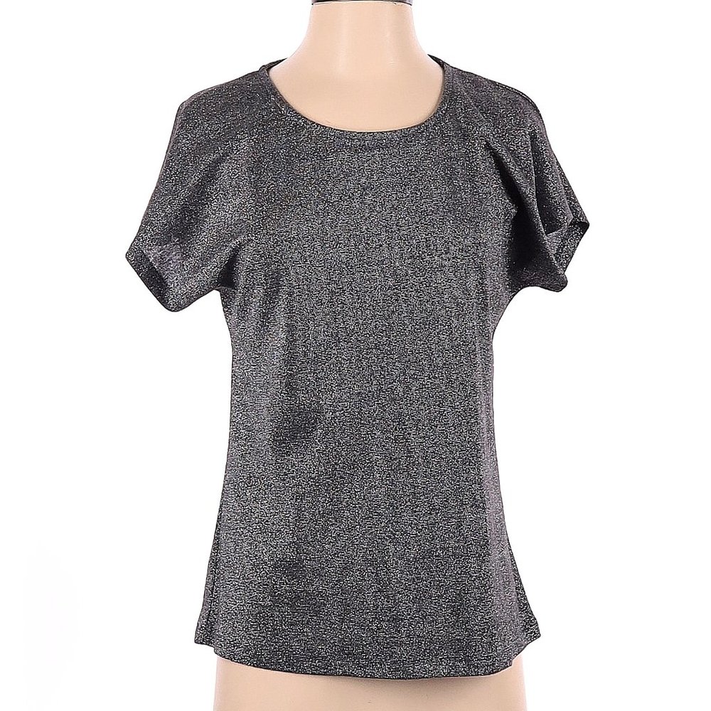 Dantelle Silver Grey Metallic Shimmery Top Short Sleeve Scoop Neck Size Small